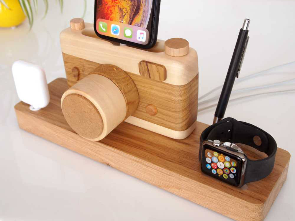 wooden camera docking station