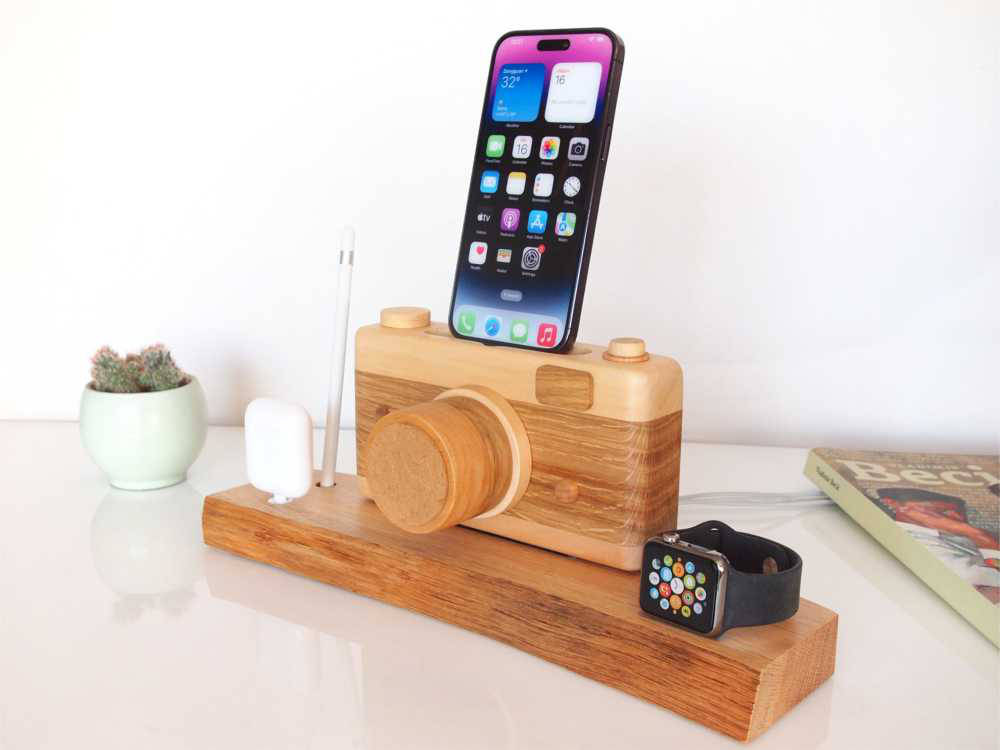 wooden camera charging station
